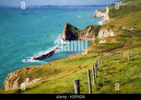 Küste von Dorset in Richtung Durdle Door Abbildung wie Ölgemälde Stockfoto