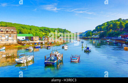 Looe Fluss Cornwall UK mit hell leuchtenden Farben Boote Yachten und blaues Meer und Himmel Stockfoto