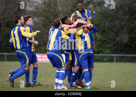 Romford Spieler feiern ihren Führungstreffer - Potters Bar Town Vs Romford - Ryman League Division One North Fußball - 03.12.11 Stockfoto