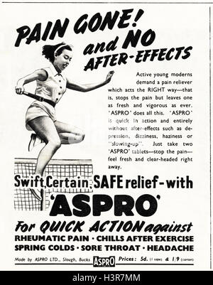 1950er Jahre Werbung Werbung aus original alten Oldtimer Magazin datiert 1952 Werbung für Aspro Pain Relief Tabletten Stockfoto