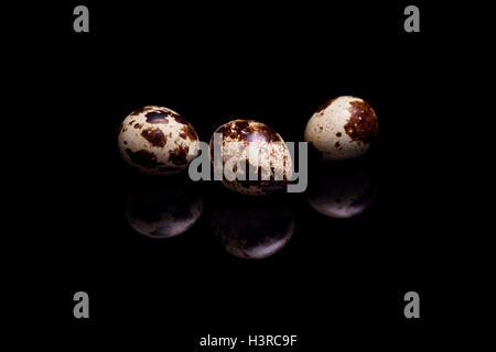 Drei Wachteleier auf schwarzen reflektierenden Hintergrund isoliert Stockfoto