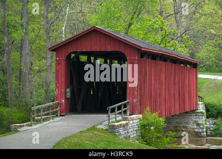 Owen County, Indiana: Katarakt fällt Covered Bridge (1876) im zeitigen Frühjahr Stockfoto