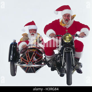 Weihnachtsmänner, Motorrad, Beiwagen, Mimik, Spaß, Freude Studio, ausgeschnitten, Weihnachten, Weihnachten, Weihnachtsmann, Santa, zwei, Motorrad fahren, Oldtimer, glücklich Stockfoto