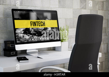 3D-Rendering des industriellen Arbeitsbereich Fintech am Computer-Bildschirm angezeigt. Alle Bildschirm-Grafiken bestehen. Stockfoto