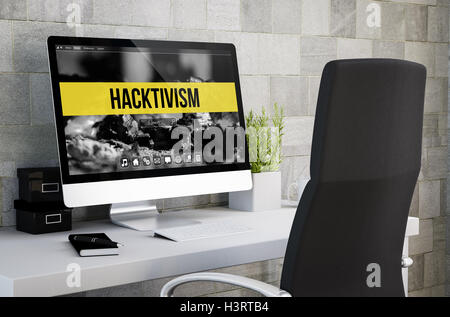 3D-Rendering des industriellen Arbeitsbereich Hacktivismus auf Computerbildschirm angezeigt. Alle Bildschirm-Grafiken bestehen. Stockfoto