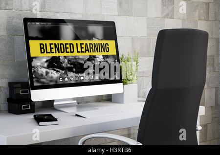 3D-Rendering des industriellen Arbeitsbereich zeigt gemischt Learningon Computer-Bildschirm. Alle Bildschirm-Grafiken bestehen. Stockfoto