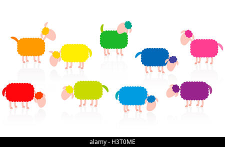 Farbige Schafherde Cartoon - Illustration auf weißem Hintergrund. Stockfoto