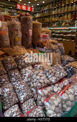 Getrocknete Shiitake-Pilze und andere Zutaten in einem herkömmlichen Shop in Sheung Wan, Hong Kong, China verkauft werden. Stockfoto