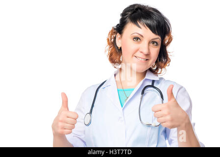 erfolgreiche Therapeuten erscheint Geste Daumen auf einem weißen Hintergrund Stockfoto