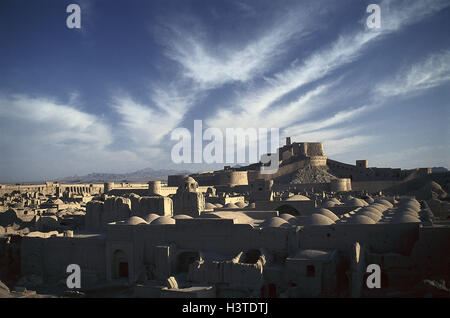 Provinz Kerman, Iran, Bam, Blick auf die Stadt, Damm, dem Nahen Osten, Befestigung vorne Osten, Nahost, Oasenstadt, Stadt, Geisterstadt, mucky Einstellung, mucky Architektur, Baustil, Tradition, Burg, Stadtmauer, Burg, Wehrmauer, Kultur, Stockfoto