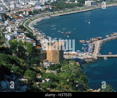 Türkei, Alanya, roter Turm, Kizil Kule, Hafen, Küste, Meer, lokale Ansicht, Blick auf die Stadt, Europa, Stadt, Badeort, "türkische Riviera" Turm, Gebäude, Struktur, Architektur, Befestigung Opus, Kultur, Sehenswürdigkeit, Reiseziel, Urlaub Ziel Stockfoto