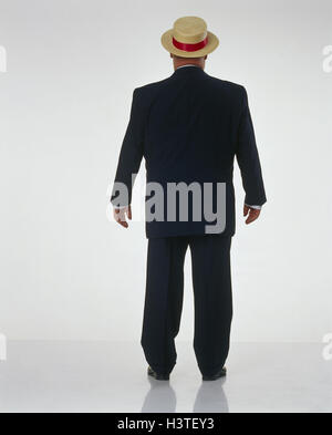 Senior, Stand dick, Anzug, Stroh Hut, Rückansicht Schwergewichte, Freisteller, Studio, Mann, alt, Kleidung, elegant, Stout, Übergewicht, Fett, Rücken, Stockfoto