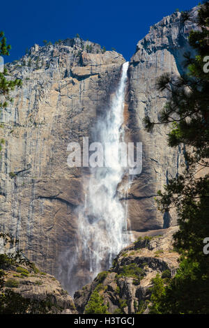 Upper Yosemite Falls unter einem Bright Blue Sky Stockfoto