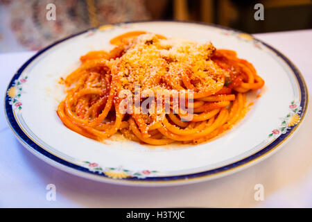 Sugo oder Salsa all'amatriciana ist eine traditionelle italienische Pasta-Sauce basierend auf Guanciale, Pecorino-Käse und Tomaten. Stockfoto