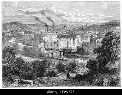 Saltaire ist einem viktorianischen Modelldorf in Shipley, wurde 1851 von Sir Titus Salt, einem führenden industriellen in der Yorkshire Wollindustrie gebaut. Der Name des Dorfes ist eine Kombination des Familiennamens des Gründers und den Namen des Flusses. Salz verschoben sein Geschäft (fünf separaten Mühlen) von Bradford zu diesem Aufstellungsort in der Nähe von Shipley, seine Arbeiter zu gestalten und seine große Textilfabrik von der Leeds und Liverpool Canal und der Eisenbahn vor Ort. Stockfoto