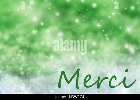 Grüne funkelnde Weihnachten Hintergrund, Schnee, Merci bedeutet vielen Dank Stockfoto