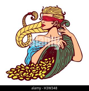 Mit verbundenen Augen Göttin Fortuna holding Füllhorn Füllhorn voller Gold Münzen, Glücksbringer, Lotterie gewinnen, Bonanza, Glücksfall Stock Vektor