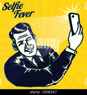 Selfie Fieber! Vintage-Mann nimmt Selfie mit Smartphone-Kamera Stock Vektor