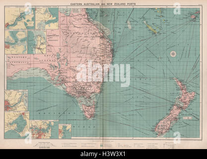 Ost-Australien/Neuseeland Häfen Diagramm Leuchttürme mail große c1914 Routenkarte Stockfoto