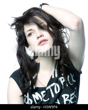 Frau, junge, langhaarige, Geste, Porträt, Jugendliche, 20-30 Jahre, Jugend, Natürlichkeit, ernst, Träume fort, geistesabwesend, pose, Verführung, Reiz, Pose, Lifestyle, Jugend, Studio, Stockfoto