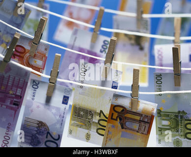 Icon, Geldwäsche, Wäscheleine, Banknoten, Euro, EWWU, WWU, der EU, der Europäischen Union, Währung, Europa, Geld, Währung, Banknoten, monetäre Wäscherei, in der Nähe Stockfoto