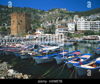 Türkei, Alanya, Blick auf die Stadt, roter Turm, "Kizil Kule", Hafen, Stiefel, Europa, Südostasien, Europa, Stadt, Blick auf die Stadt, Stadtbild, Badeort, "türkische Riviera" Festung, Stadtmauer, Turm, 13. Jhdt., Befestigung, Opus, Struktur, Kultur, Sehenswürdigkeit, fis Stockfoto