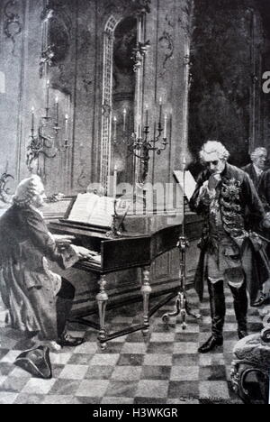 Szene mit Friedrich dem Großen (1712-1786) König von Preußen, und Johann Sebastian Bach (1685-1750) ein deutscher Komponist und Musiker des Barock. Vom 18. Jahrhundert Stockfoto