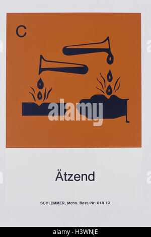 Gefahr-Figuren, Icon, 'Korrosives', Freisteller, Symbol der Gefahr, Warnung Warnung, Tipp, Cue, Zeichen, Zeichen, Gefahr, gefährlich, Schlaganfall, Abbildung, Säure, Forschung, Wissenschaft, Chemie, Reagenzgläser, Labor, Chemikalien, Stillleben, Produktfotografie, Nahaufnahme Stockfoto