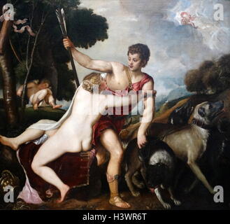 Gemälde mit dem Titel "Venus und Adonis" von Tizian, ein italienischer Maler und Mitglied der venezianischen Schule. Datiert aus dem 16. Jahrhundert Stockfoto