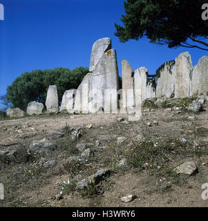 Italien, Sardinien, Provinz Sassari, Arzachena, Rübezahls Grab "Tomba del Giganti di Li Lolghi', Insel, Mittelmeer, Sardinien, Ort von Interesse, Kultur, Gräber, 1800-1200 vor Chr., Li Lolghi, Steinen, Steinsäulen, Stockfoto