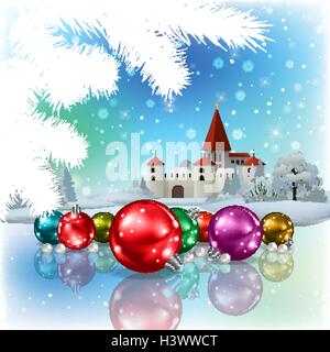 blaue Farbe Gruß mit Schloss und Weihnachtsschmuck Stock Vektor
