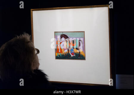 London, UK.  13. Oktober 2016. Besucher sehen "A Royal Horse nahmen drei Bräutigame, Mughal" ca. 1575-1590 (gegr. GBP 200-300k), in der Vorschau von Sothebys Kunst von den mittleren Osten und Indien Ausstellung, die Kunstwerke in der New Bond Street in vier Verkäufe im Oktober verkauft werden präsentiert für moderne & Contemporary South Asian Art, orientalische Kunst des 20. Jahrhunderts, Kunst aus der islamischen Welt und Elemente aus der Auflistung von Khosrovani-Diba. Bildnachweis: Stephen Chung / Alamy Live News Stockfoto