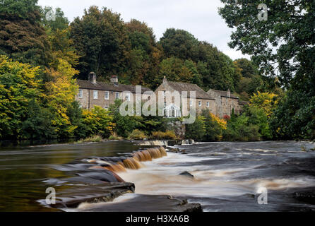 River Tees, Barnard Castle, Teesdale, County Durham UK.  Donnerstag, 13. Oktober 2016, UK Wetter.  Die ersten Anzeichen des Herbstes sind auf den Bäumen rund um Erziehungsunterrichten Mühle am Fluss Tees in Barnard Castle, wie kühle und regnerisch Bedingungen im Norden Englands weiter erscheinen. Bildnachweis: David Forster/Alamy Live-Nachrichten Stockfoto