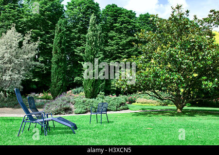 Frühlingspark mit großzügigen Rasenflächen und Chaiselongue Stockfoto