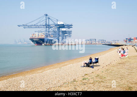 Sonnenanbeter entspannen am Strand. Venedig MSC Containerschiff im Hafen von Felixstowe, Suffolk, UK im Hintergrund verankert. Stockfoto