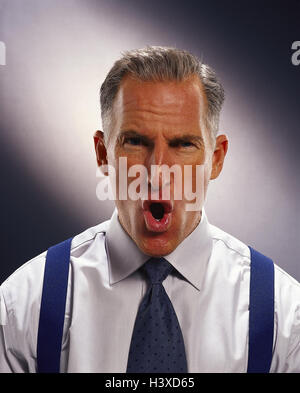 Mann, Mitte, Alter Mensch, Hemd, Krawatte, Hosenträger, Mimik, Zorn, Wut, wütend, Porträt, Männer, Wut, Ärger, ärgert, Angers wütend, wütend, empört, zornig, schreien, brüllen, schreien, Studio, in der Nähe, Stockfoto