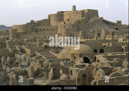 Iran, Provinz Kerman, Bam, Blick auf die Stadt, Festung, Befestigung Böschung, dem Nahen Osten, vorne Osten, Nahost, Oasenstadt, Bam Festung, Stadt, Geisterstadt, mucky Einstellung, mucky Architektur, Baustil, Tradition, Burg, Stadtmauer, Festung, Wehrmauer, Kultur, Kunst, Sehenswürdigkeit, Wüste Lut, Stockfoto