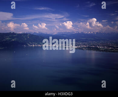 Österreich, Berg Voral, Bodensee, Bregenz, Luftaufnahmen, See, Binnengewässer, Wertpapiere, Berglandschaft, Landschaft, Umwelt, See, Ufer, Ostufer, Ort, Übersicht, Wolken, bewölkter Himmel, Super schwäbische Barockstrasse Stockfoto