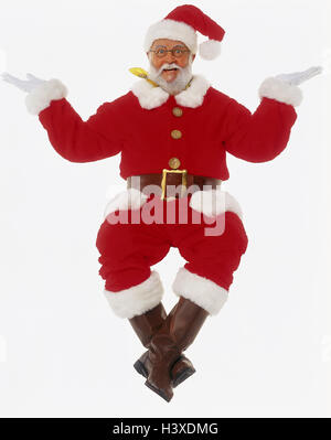 Santa Claus, sitzen, Lächeln, Geste, Arme, zu verbreiten, innen, Studio, ausgeschnitten, Brille, Bart, Lächeln, Santa, Mann, Halstuch, verschmitzt, geschickt, anbetend, Stockfoto