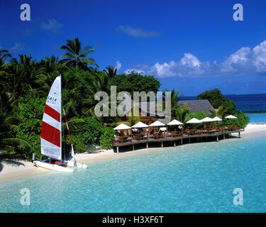 Die Malediven, Nakatchafushi, Strand, Meer, Katamaran, Restaurant, Baros, Indischer Ozean, Insel, draußen, Sommer, Haus, Bar, Restaurant, Terrasse, Gäste, Doppel-Körper-Boot, Freizeit, Urlaub, Palmen, Plameninsel, Traumurlaub Stockfoto