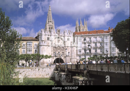 Spanien, Kastilien, Burgos, Stadt Ziel, Arco de Santa Maria, Dom, Detail, Türme Zentralspanien, Provinz Leon, Stadt, Blick auf die Stadt, Stadtmauer, Ziel, Ort von Interesse, Struktur, Catedral de Burgos, Türme, Gothic, Gotik, 13. -16. Jhdt., UNESCO-Weltkulturerbe Stockfoto