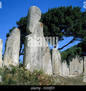 Italien, Sardinien, Provinz Sassari, Arzachena, Rübezahls Grab "Tomba del Giganti di Li Lolghi', Insel, Mittelmeer, Sardinien, Ort von Interesse, Kultur, Gräber, 1800-1200 vor Chr., Li Lolghi, Steinen, Steinsäulen, in der Nähe, Stockfoto