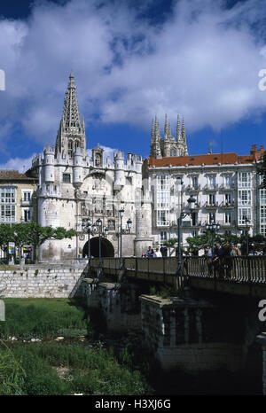 Spanien, Kastilien, Burgos, Stadt Ziel, Arco de Santa Maria, Dom, Detail, Türme Zentralspanien, Provinz Leon, Stadt, Blick auf die Stadt, Stadtmauer, Ziel, Ort von Interesse, Struktur, Catedral de Burgos, Türme, Gothic, Gotik, 13. -16. Jhdt., UNESCO-Welt-cu Stockfoto