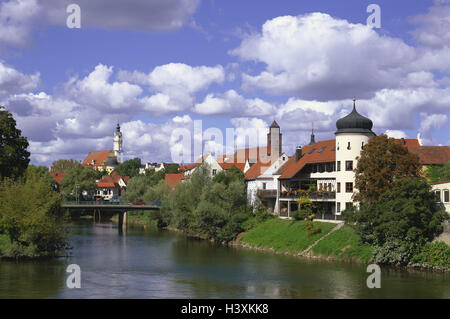 Deutschland, sehen Sie romantische Straße, Donauwörth, Stadt, Europa, Bayern, Swabia, Bezirk Danube Ries, Fluss, Brücke, Stadt, Ansicht, Kirche, Pfarrkirche, Häuser, Wohnhäuser Stockfoto