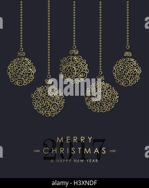 Frohe Weihnachten, Happy New Year 2017 Grußkarte Hintergrund. Lineare Ornament Kugeln mit Monogramm Dekoration und Blättern. EPS10 Stock Vektor