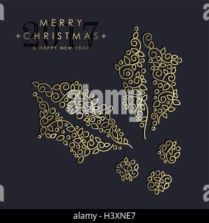 Frohe Weihnachten, Happy New Year 2017 Grußkarte Hintergrund. Lineare Mistelpflanze mit Monogramm Dekoration, Ornamenten und lea Stock Vektor