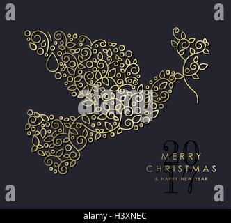 Frohe Weihnachten, Happy New Year 2017 Grußkarte Hintergrund. Lineare Taube Vogel mit Monogramm Dekoration, Ornamente und verlässt. Stock Vektor