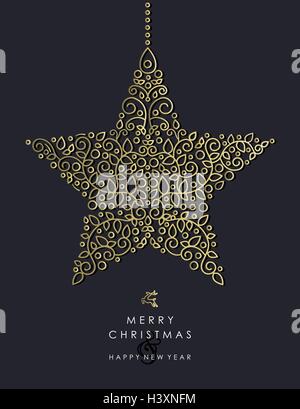 Frohe Weihnachten, Happy New Year 2017 Grußkarte Hintergrund. Lineare Sterne Ornament mit Monogramm Dekoration und Blättern. EPS10 Stock Vektor