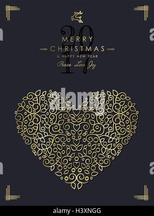 Frohe Weihnachten, Happy New Year 2017 Grußkarte Hintergrund. Lineare Liebe Herzform mit Monogramm Dekoration Stock Vektor