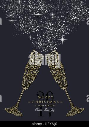 Frohe Weihnachten, Happy New Year 2017 Grußkarte Hintergrund. Lineare Glas Getränke Toast mit Monogramm Dekoration machen. Stock Vektor
